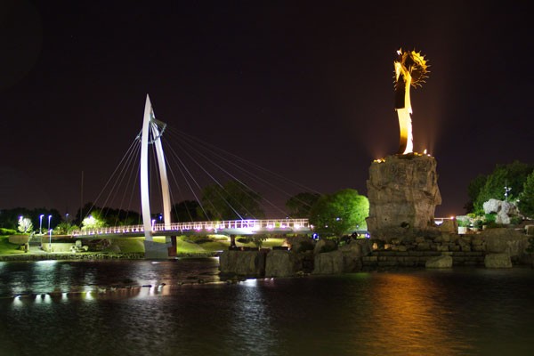 Keeper of the Plains sculpture by Blackbear Bosin at the confluence of the Arkansas and Little Arkansas Rivers in Wichita, Kansas